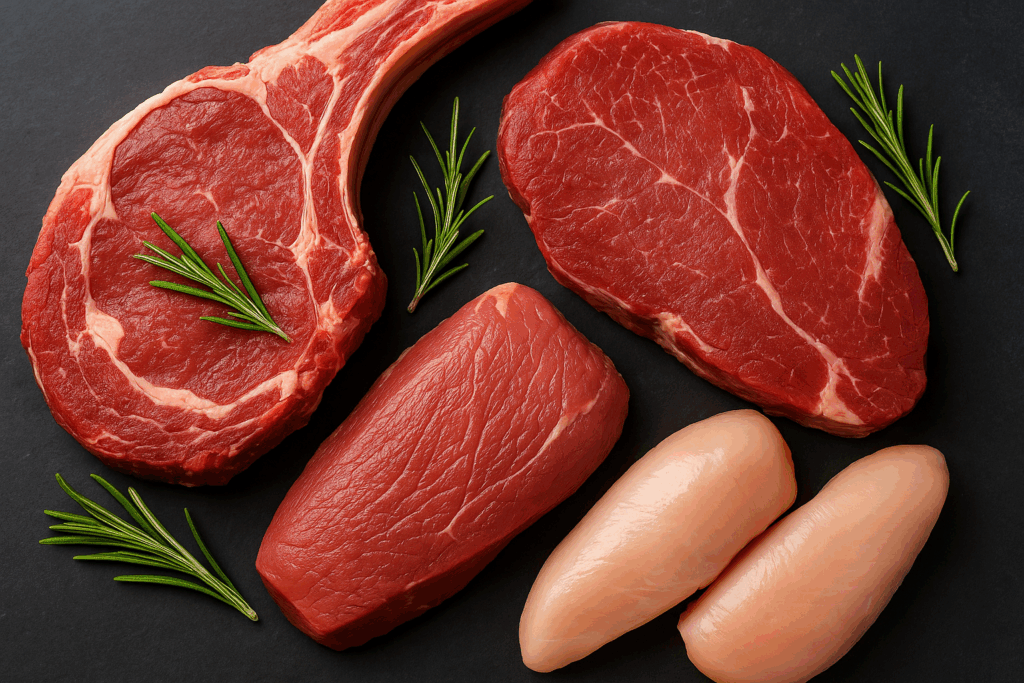 Sélection de viande halal certifiée Marseille présentée sur fond sombre, avec morceaux de bœuf, veau et poulet frais, accompagnés de branches de romarin.
