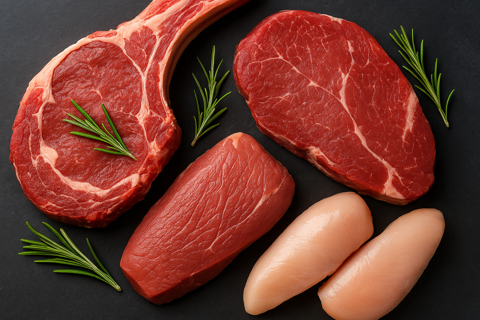 Sélection de viande halal certifiée Marseille présentée sur fond sombre, avec morceaux de bœuf, veau et poulet frais, accompagnés de branches de romarin.