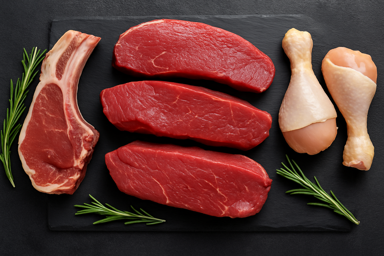 Viande rouge halal artisanale présentée sur planche noire, avec veau, bœuf et poulet frais, illustrant la qualité halal à Marseille.