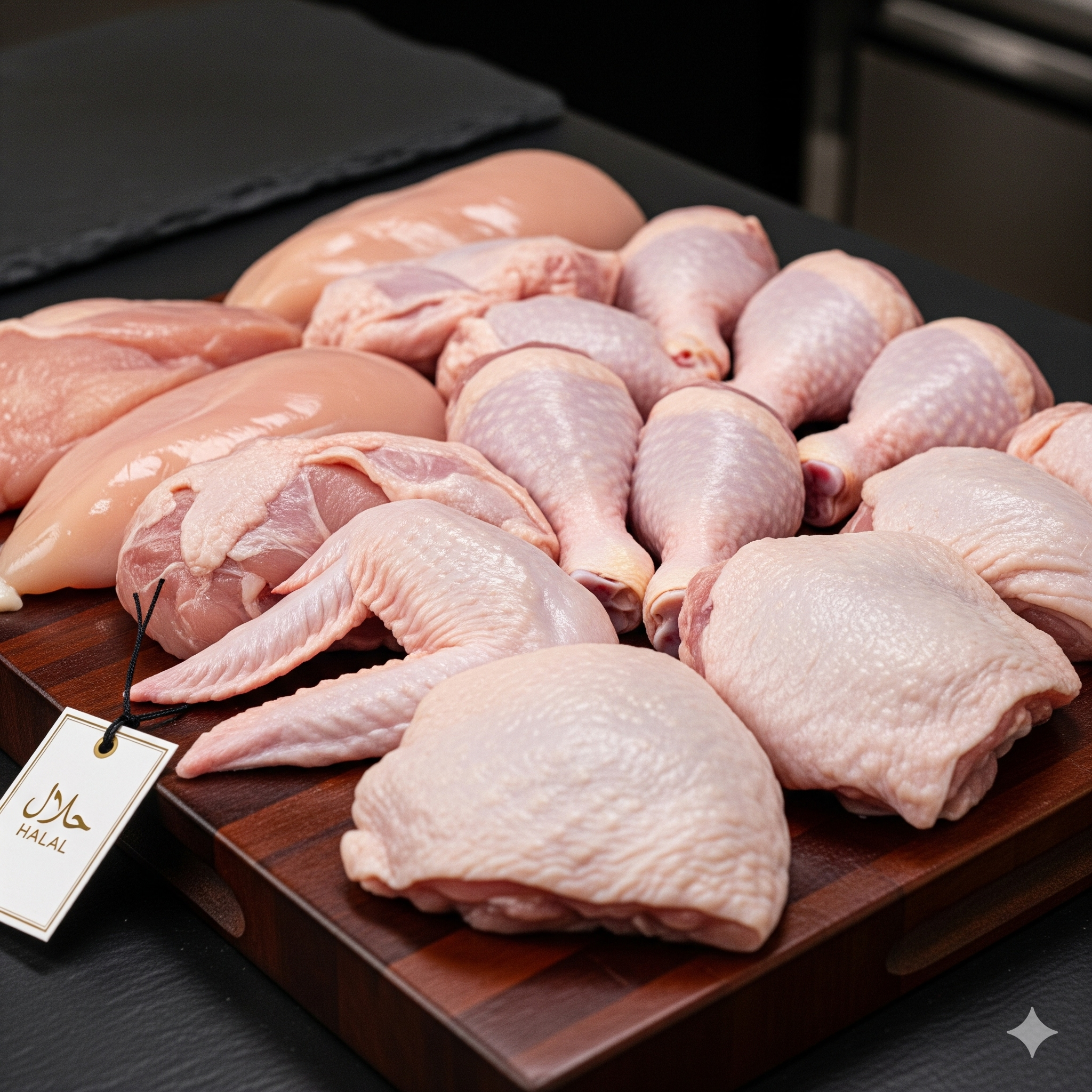 Assortiment professionnel de morceaux de poulet halal frais sur une planche à découper en bois, avec étiquette "Halal", symbolisant la qualité et la traçabilité pour les consommateurs